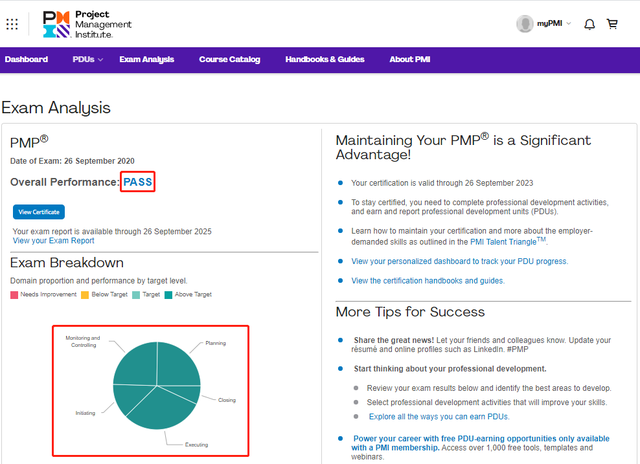 PMP®考试成绩单图片样本