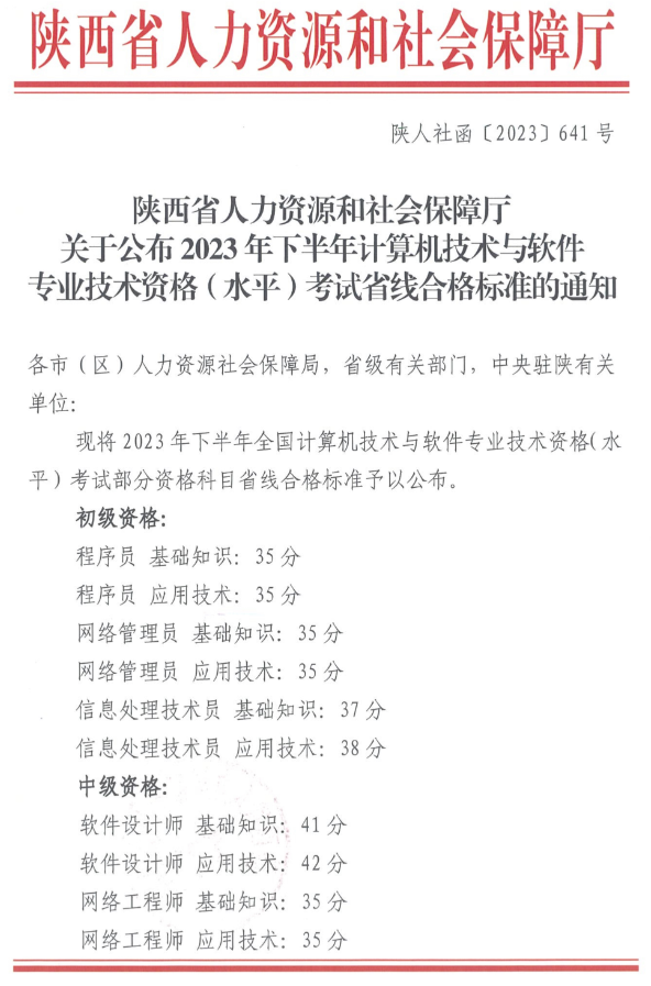 陕西2023年下半年软考省合格标准/分数线1