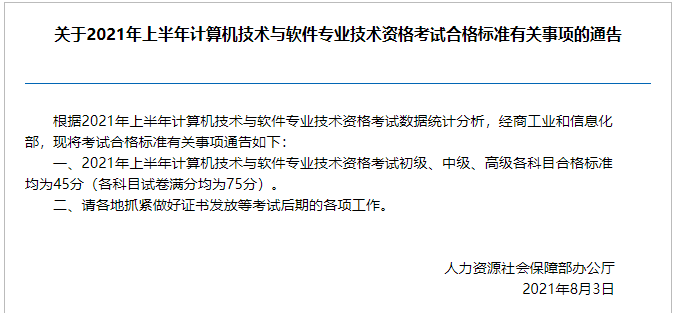 江苏南通2021年上半年软考合格标准