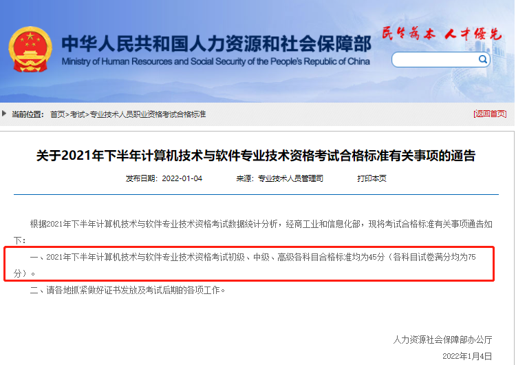 2021年下半年软考合格标准